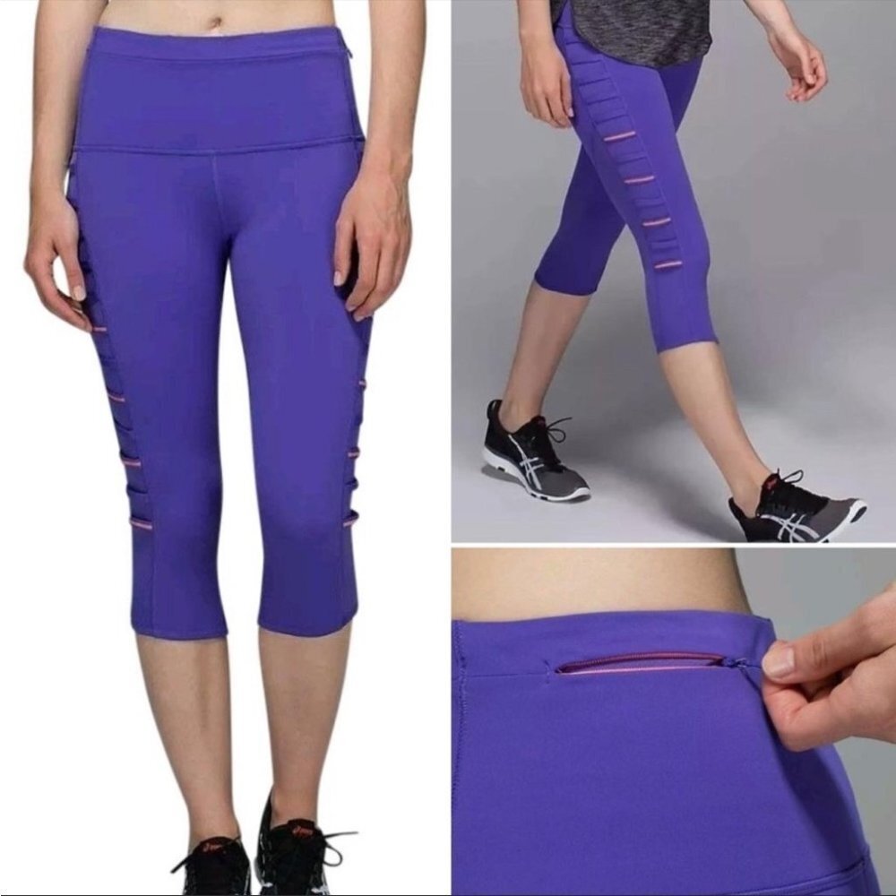 Lululemon Breezy Mesh cropped  Capri leggings zip pocket Iris purple w/ orange 8